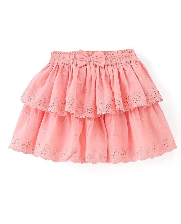 Babyhug Cotton Woven Knee Length Skirt with Lining Bow Applique & Lace Detailing - Peach